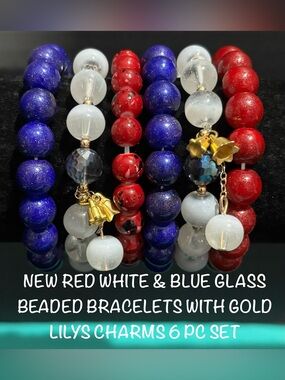 GORGEOUS ALL AMERICAN GLASS BEADED BRACELETS RED WHITE & BLUE W/GOLD LILY CHARMS